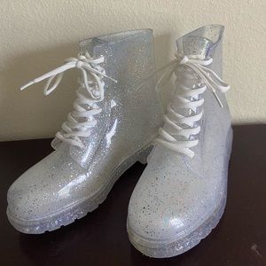 Clear combat boots with multicolor sparkles